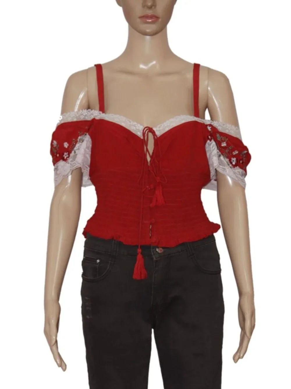 Free People Floral Embroidered Smocked Ruched Red Blouse Top XS